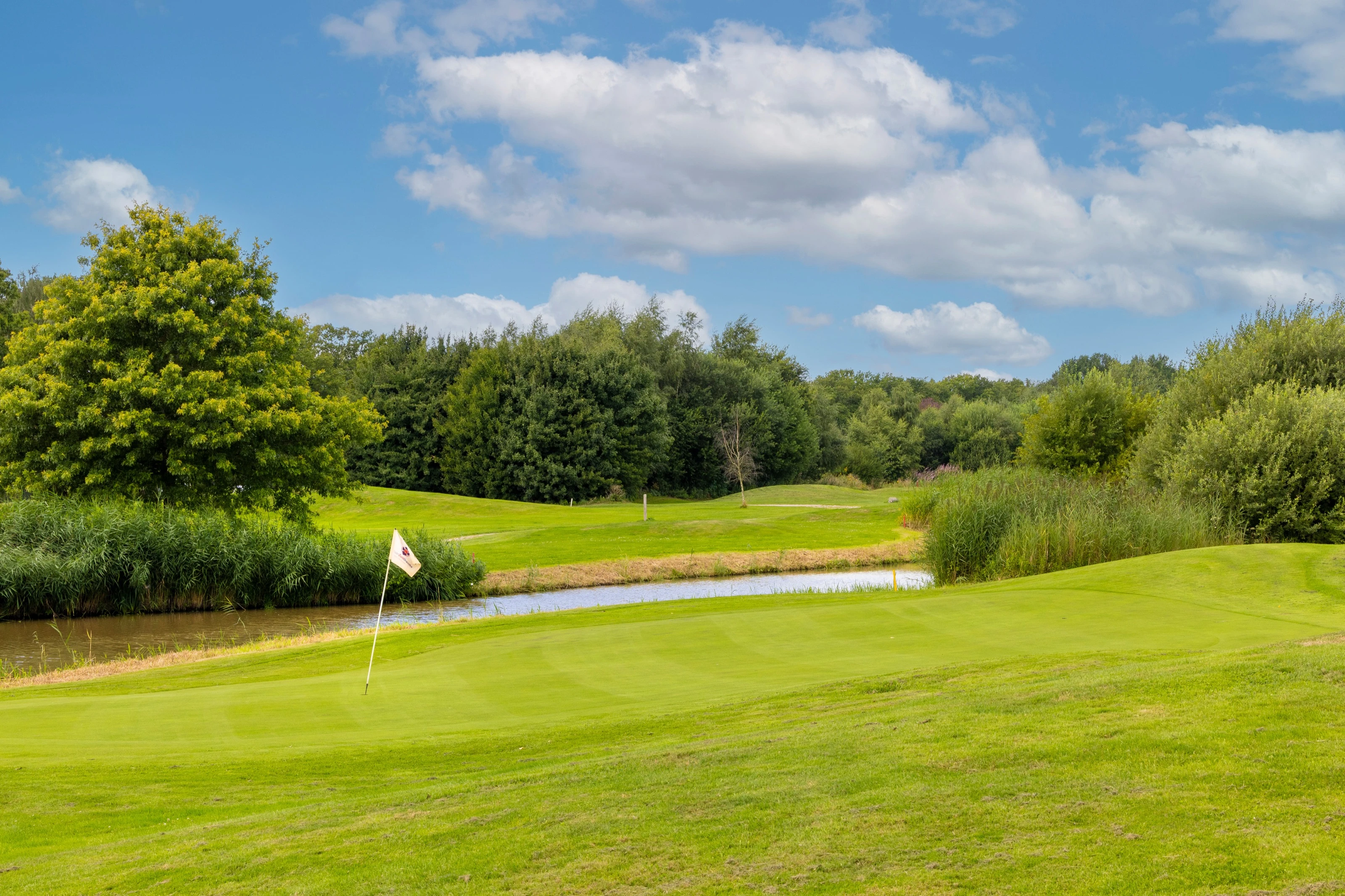 Een green met vlag aan het water op Golfbaan Zuid-Drenthe